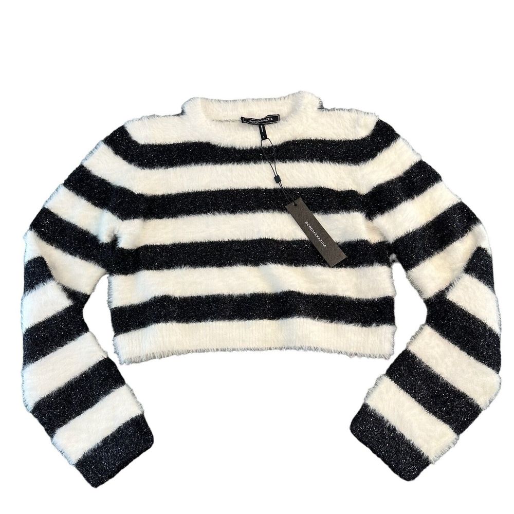 BCBG Maxazria Black Metallic & White Stripe Cropped Sweater Sz L NWT $250